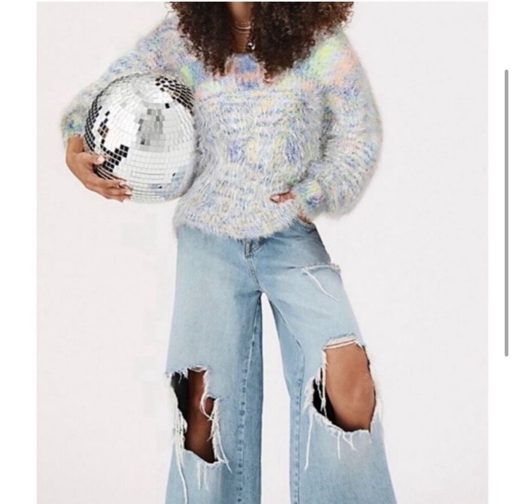 Free People $98 Fuzzy Eyelash Knit V Neck Sweater Multicolor XS NWOT
